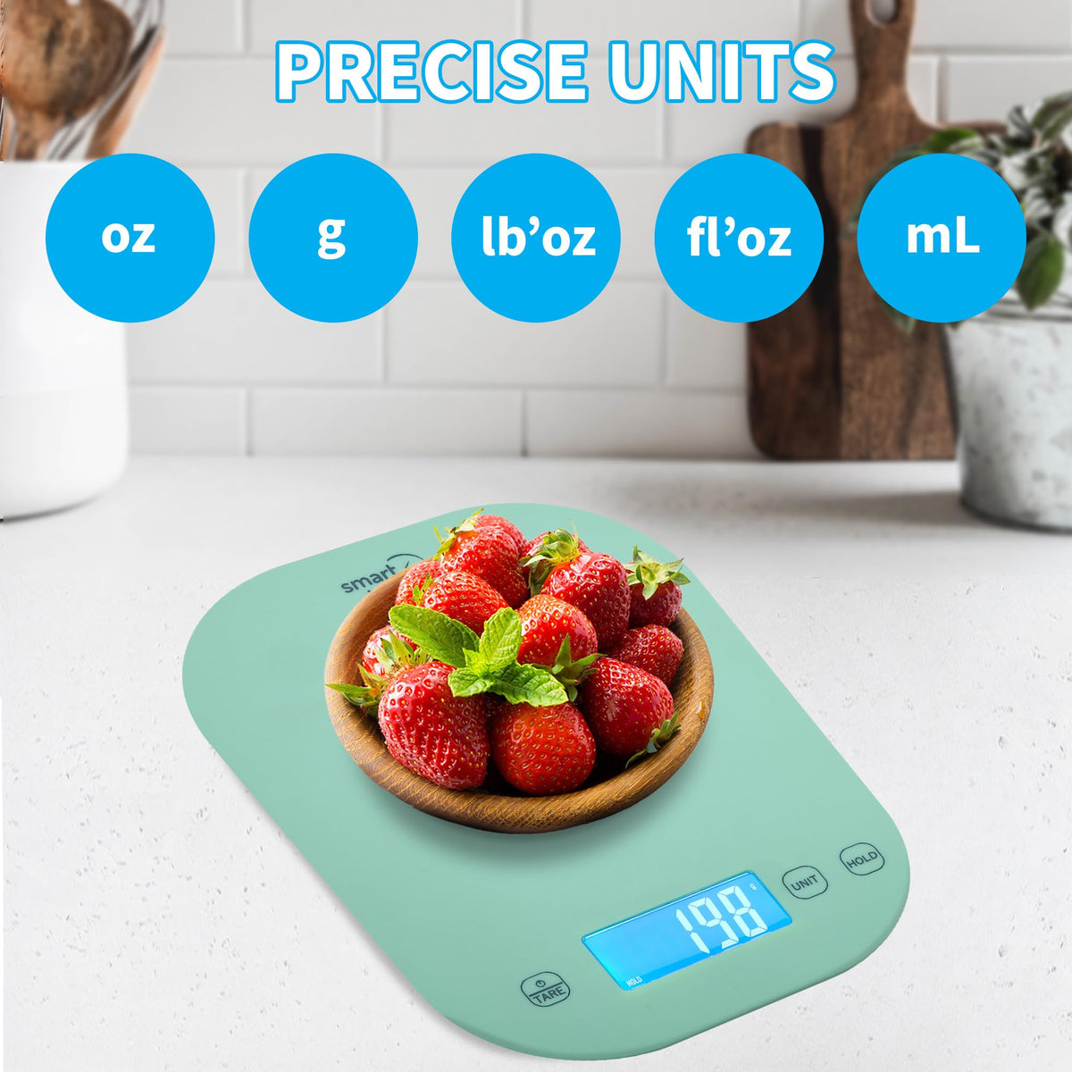 Smart Weigh mint green scale display close-up showing easy-to-read measurements.