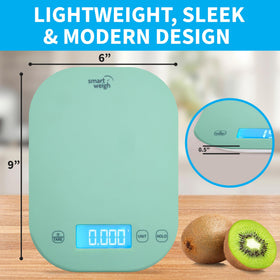 Smart Weigh mint green scale highlighting portion-control data for meals.