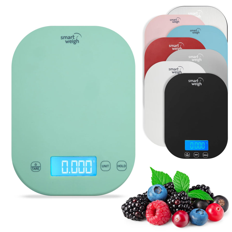 Smart Weigh mint green digital scale, top view, ideal for precise portion control.