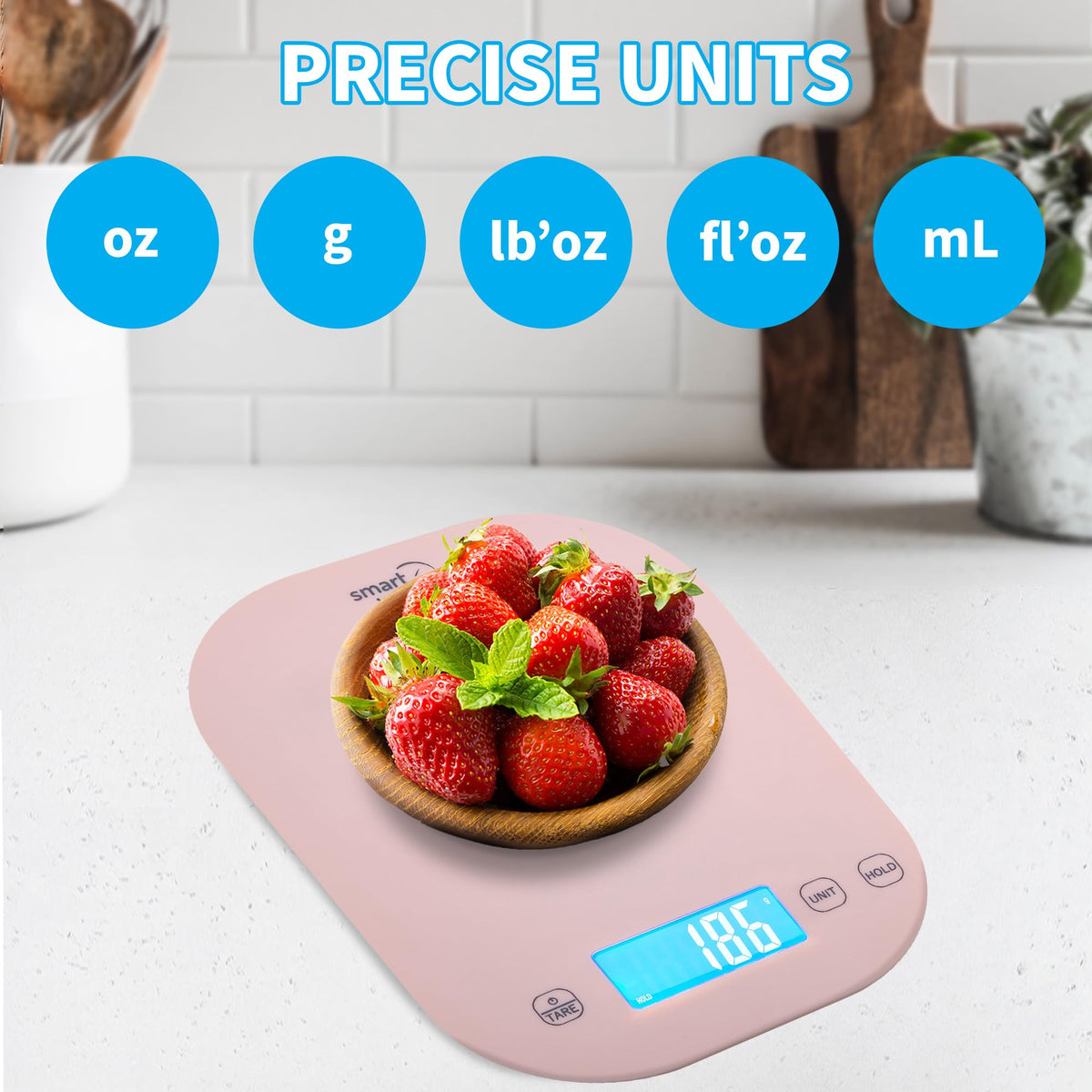 Smart Weigh pink scale display close-up showing clear grams and ounces
