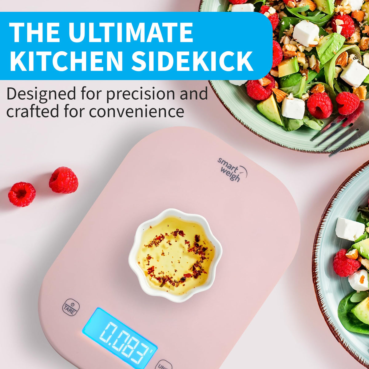 Smart Weigh pink scale on kitchen counter for accurate ingredient weighing