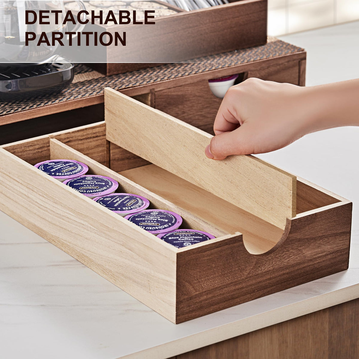 SMARTAKE coffee maker on K Cup drawer stand in compact kitchen.