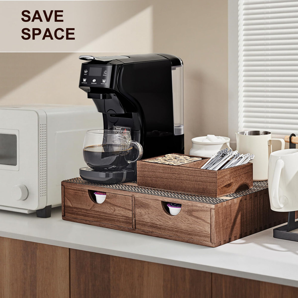 SMARTAKE drawer with removable divider for varied pod sizes.