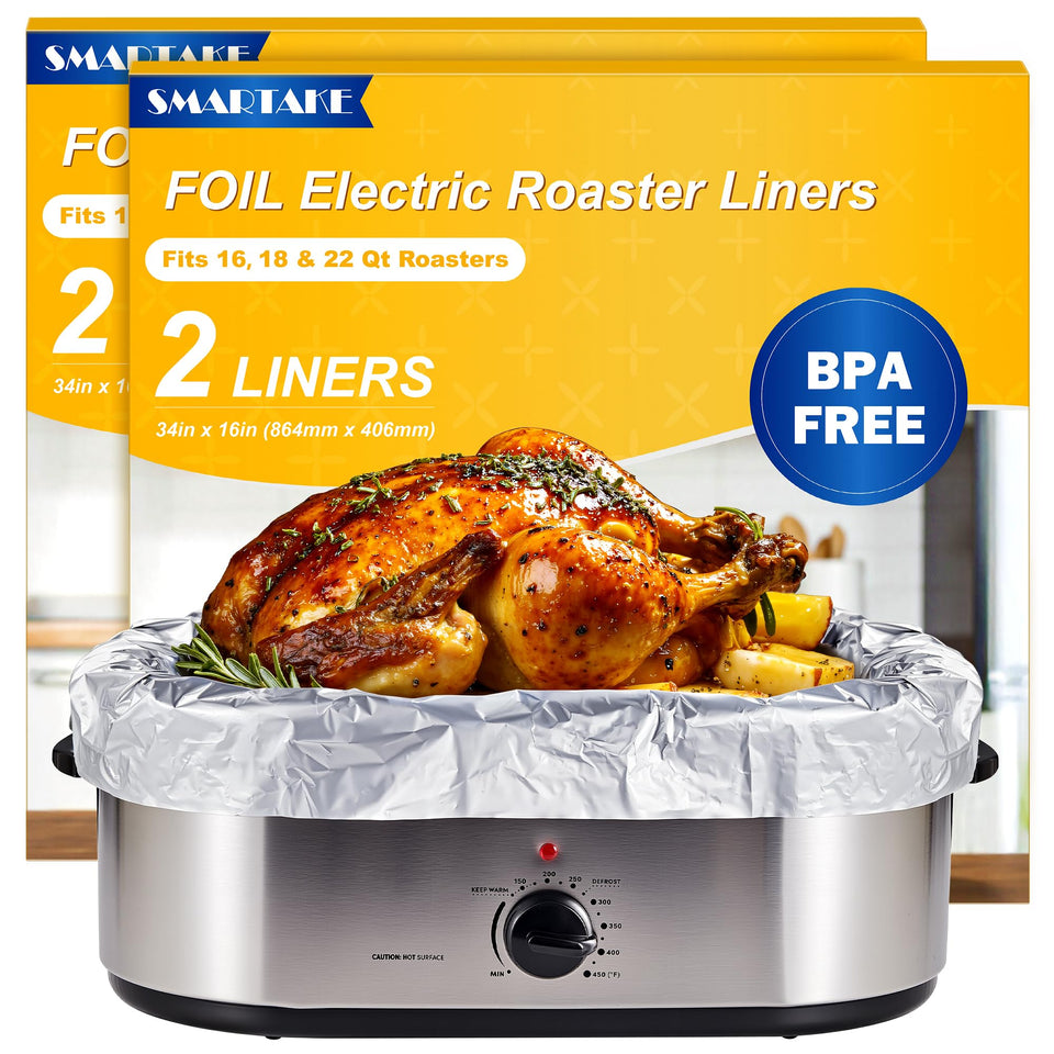 SMARTAKE foil roaster liners for 16-qt pans enable quick cleanup after roasting.