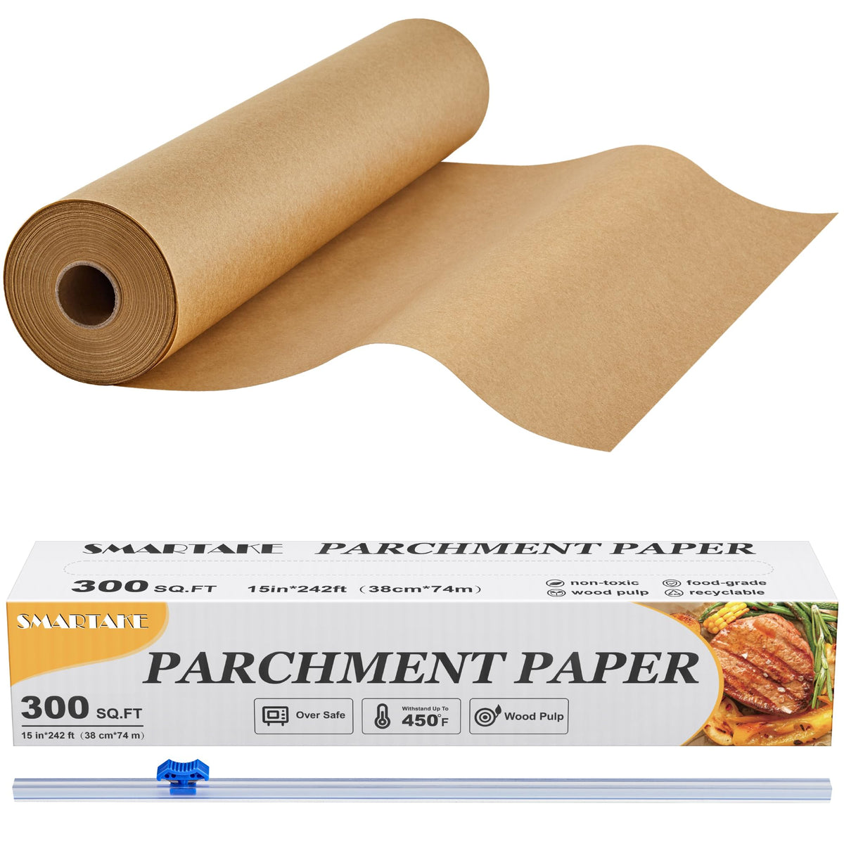 SMARTAKE parchment paper roll 15in wide, unrolled on a tray for easy non-stick baking.
