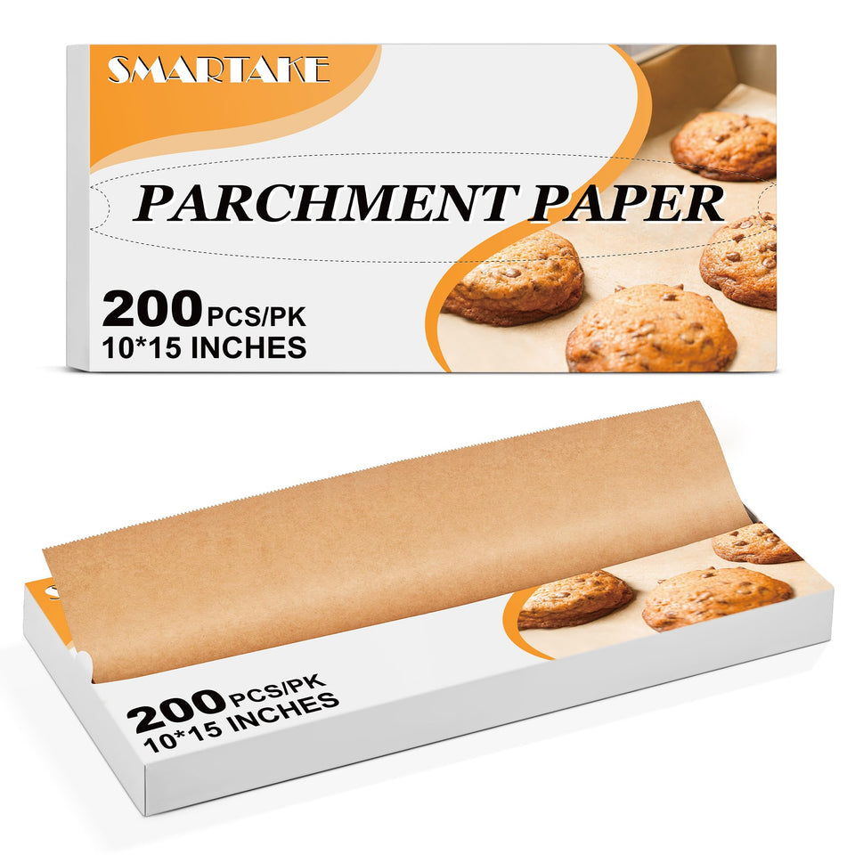 SMARTAKE parchment sheets in pop-up box for easy one-handed dispensing during baking