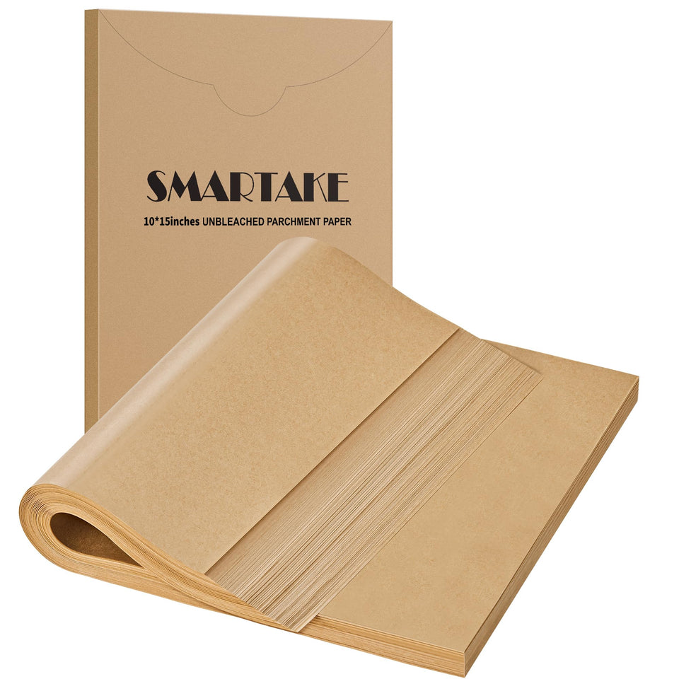 SMARTAKE pre-cut parchment sheets ready for easy, non-stick baking on 10x15 inch pans