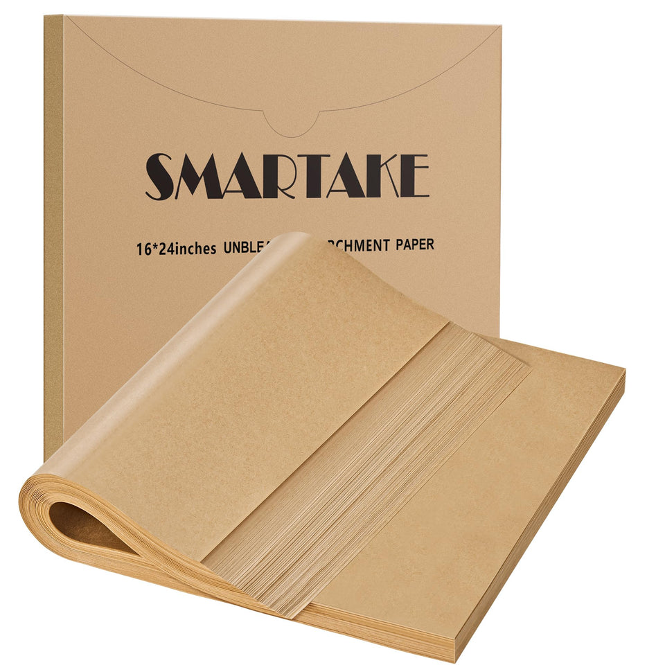 SMARTAKE pre-cut parchment sheets in 16x24 inches for quick, mess-free baking prep.