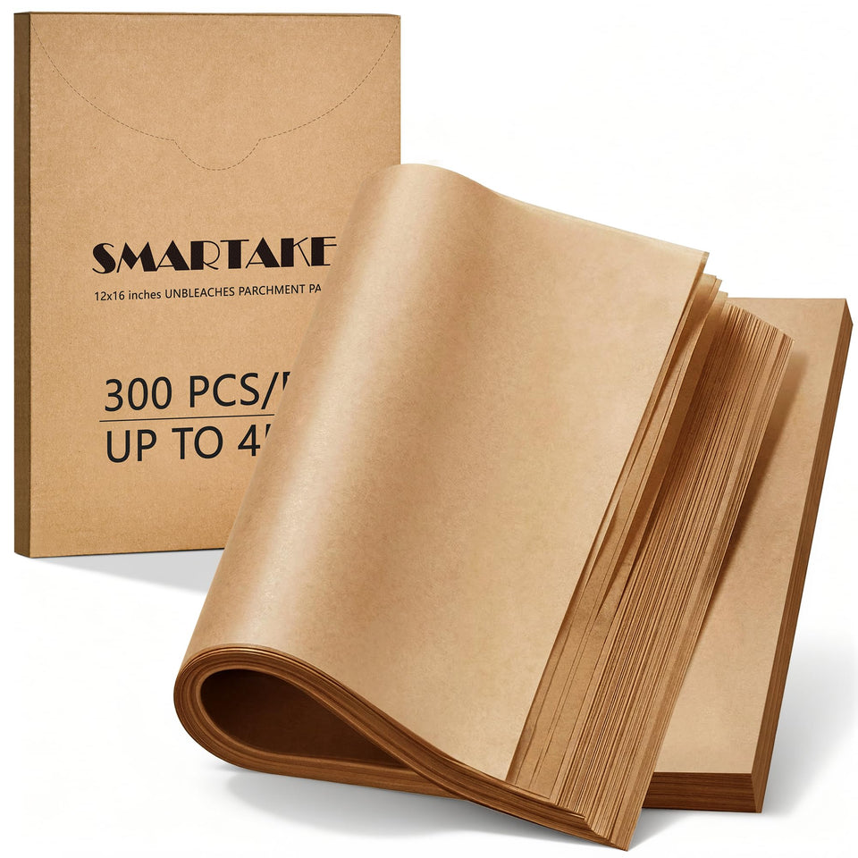 SMARTAKE precut parchment sheets lie flat on a tray for easy baking