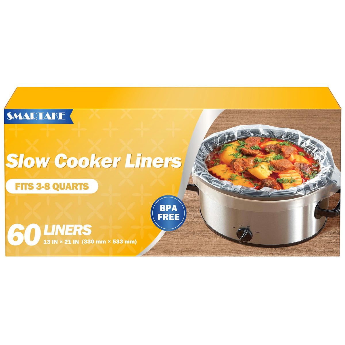 SMARTAKE slow cooker liner in pot demonstrates 13x21 inch fit for 3-8 qt pots; simplifies cleanup