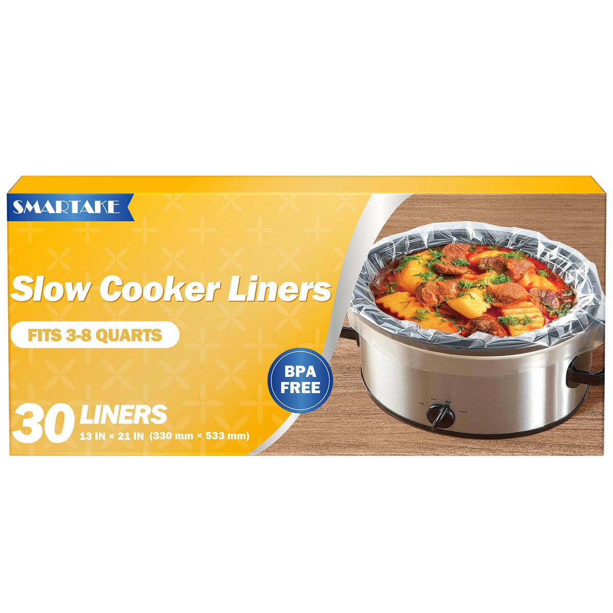 SMARTAKE slow cooker liner 13x21 oval in use, keeps pot clean and reduces mess.