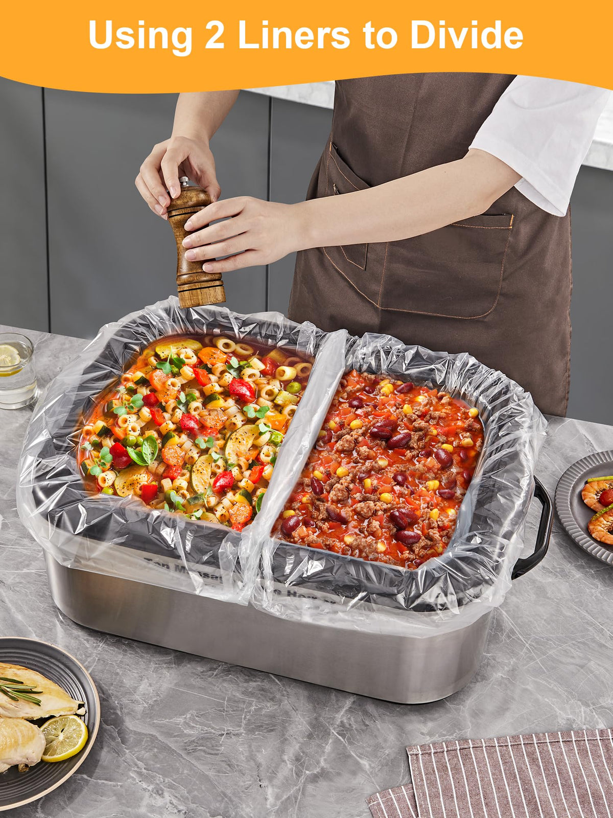 Two liners in one roaster enable cooking two dishes simultaneously