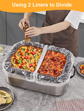 Two liners in one roaster enable cooking two dishes simultaneously