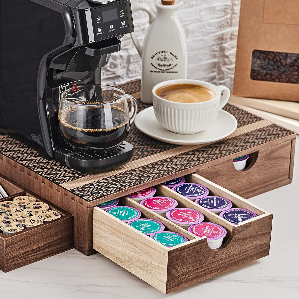 SMARTAKE wooden K Cup organizer with drawer for easy pod access.