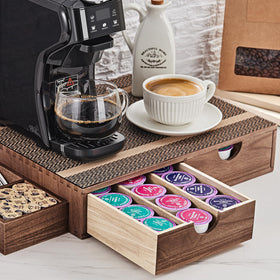 SMARTAKE wooden K Cup organizer with drawer for easy pod access.