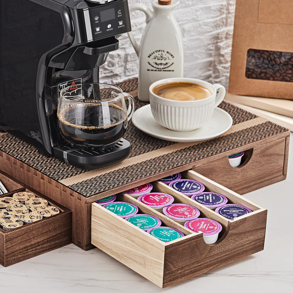 SMARTAKE wooden K Cup organizer with drawer for easy pod access.