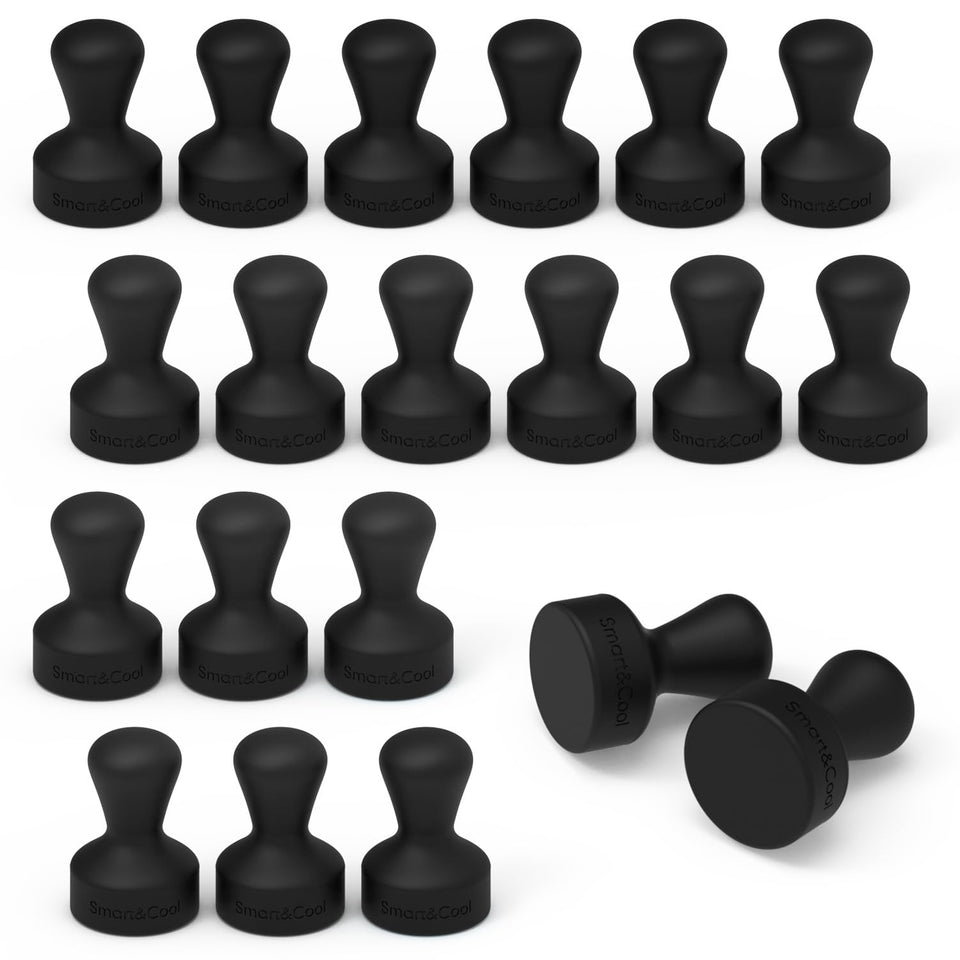 Smart&Cool black 20-pack fridge magnets on a stainless fridge holding notes securely.