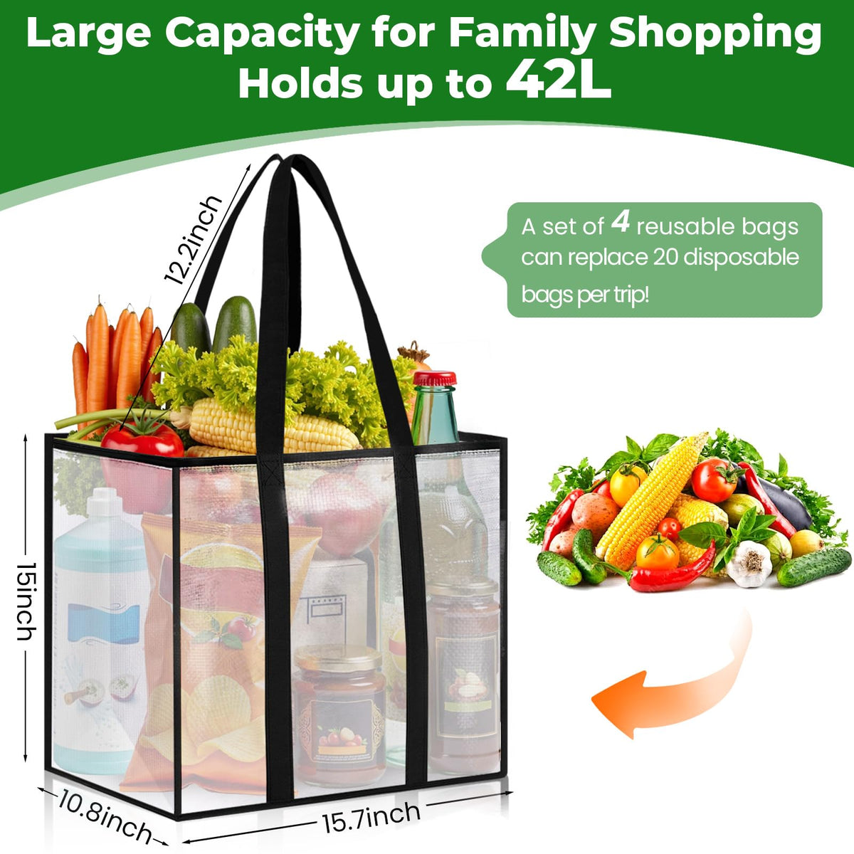 SmartTrends 42L capacity bags handle groceries up to 66 lbs with ease.