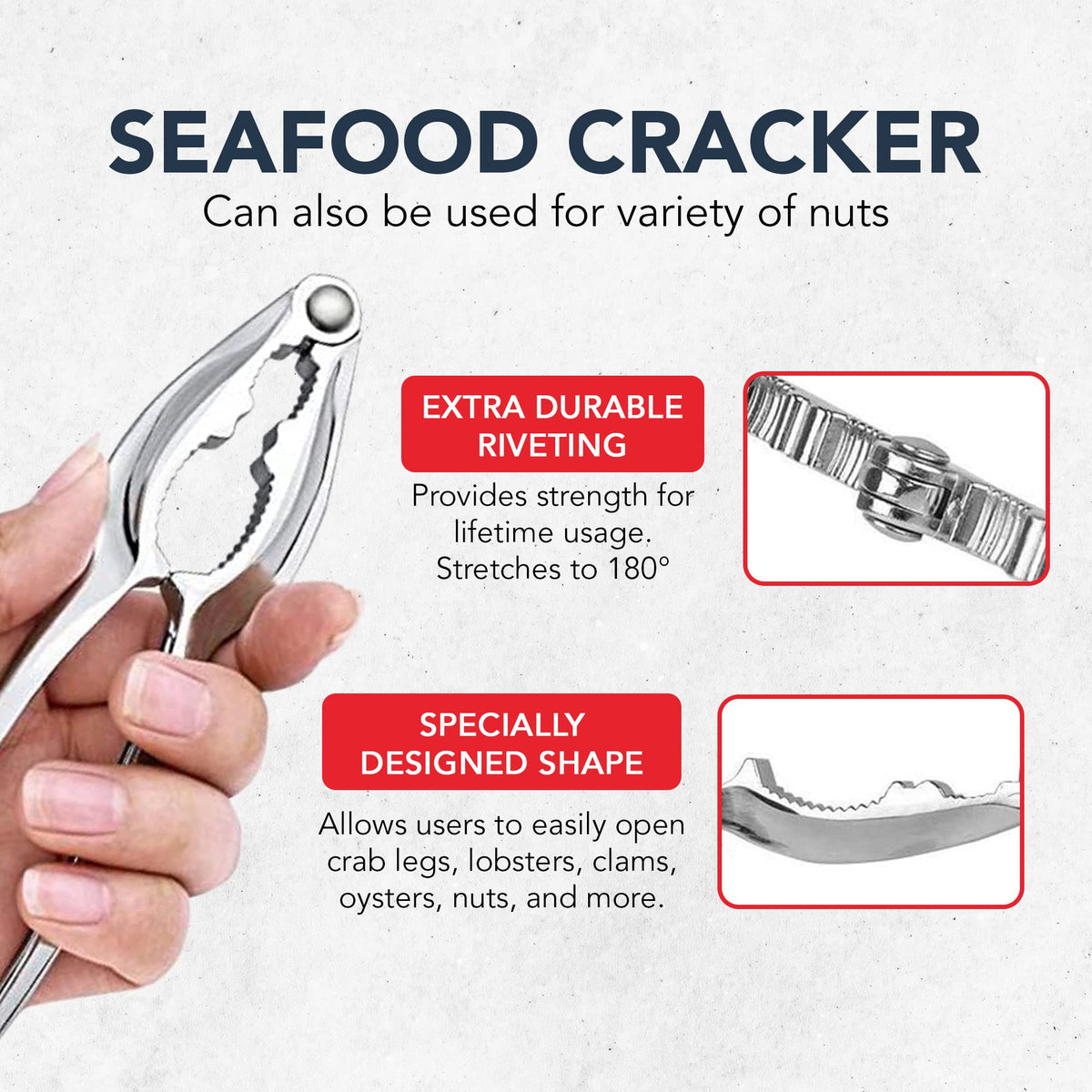 Close‑up of die‑cast alloy seafood crackers for strong leverage.