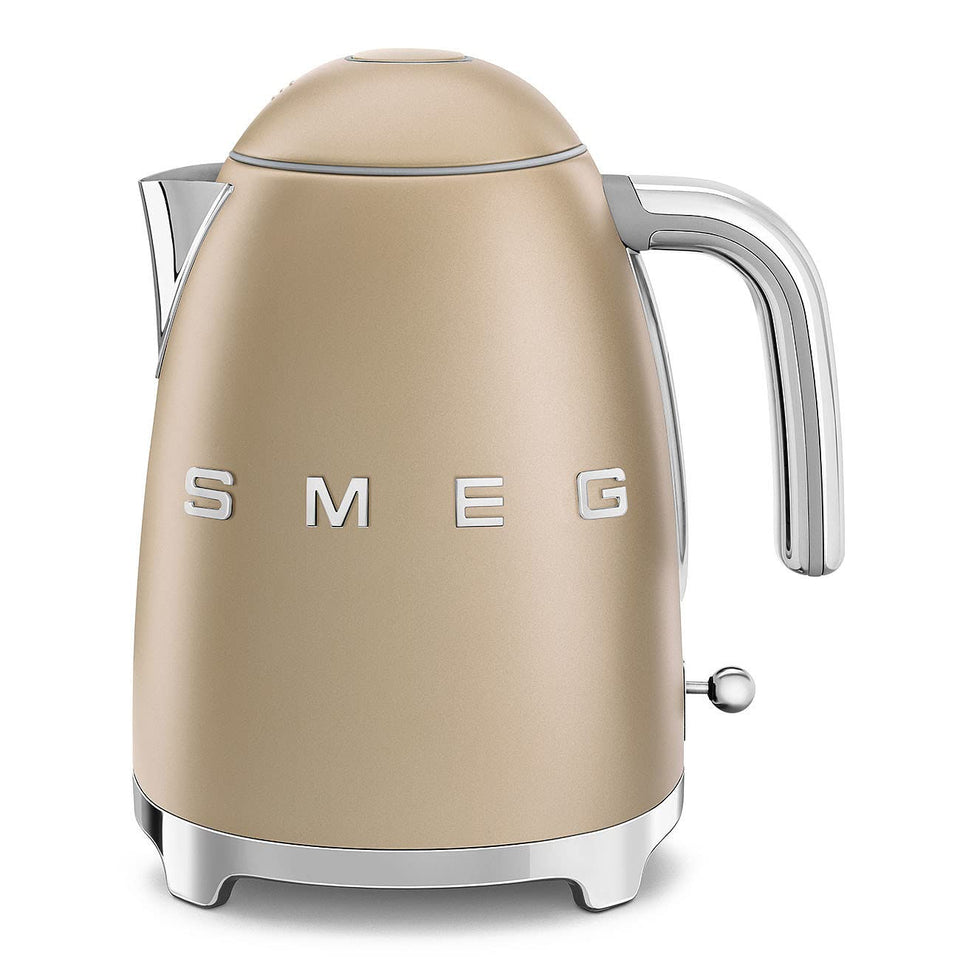 Smeg KLF03 kettle front view with retro matte Campagne finish.