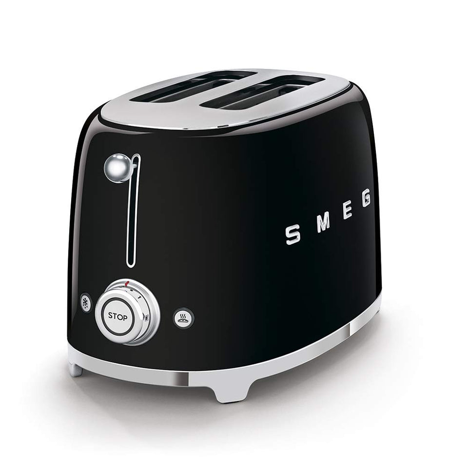 Smeg TSF01 toaster front view highlights compact retro design.