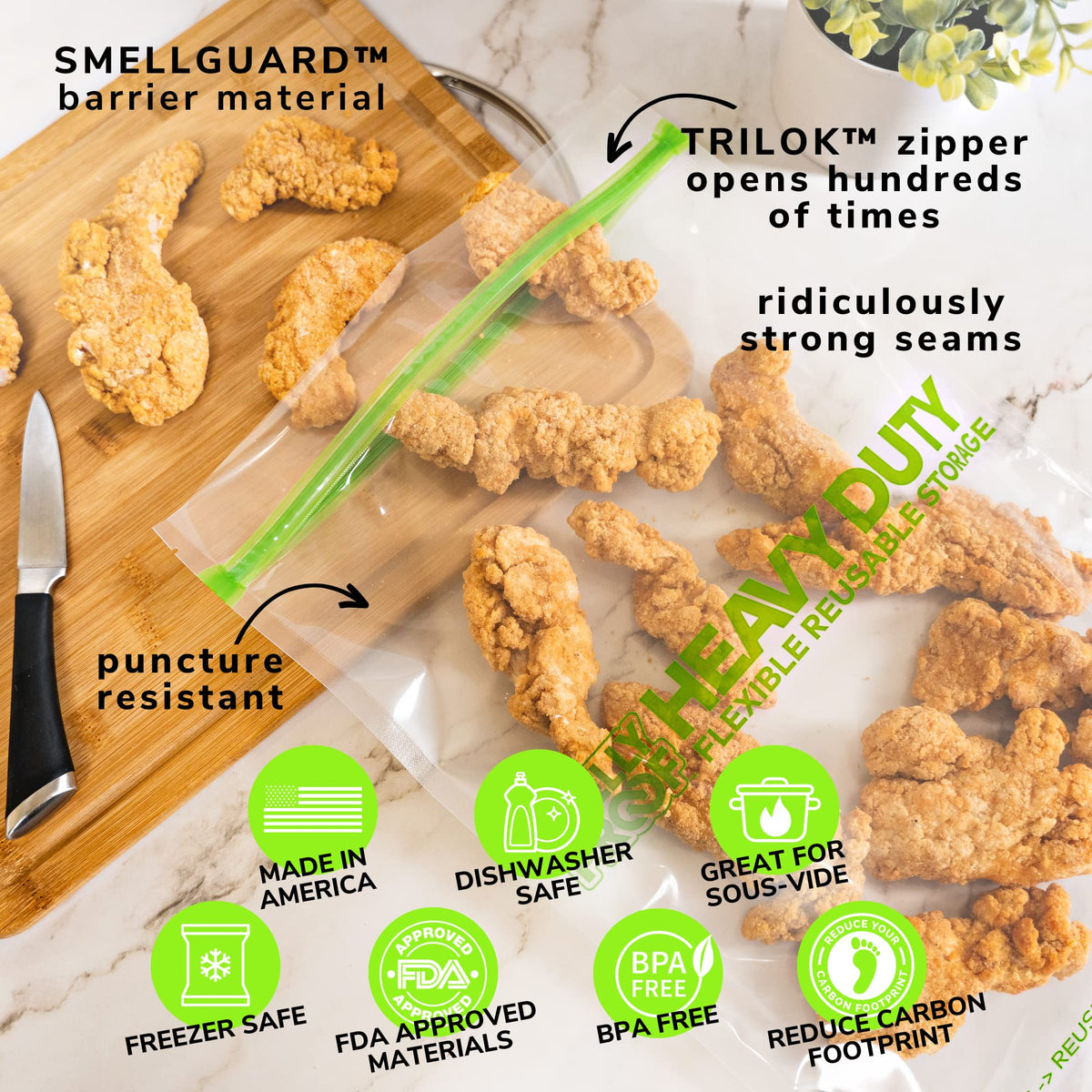 Smelly Proof marinate-ready bags depict versatile meal prep and flavoring