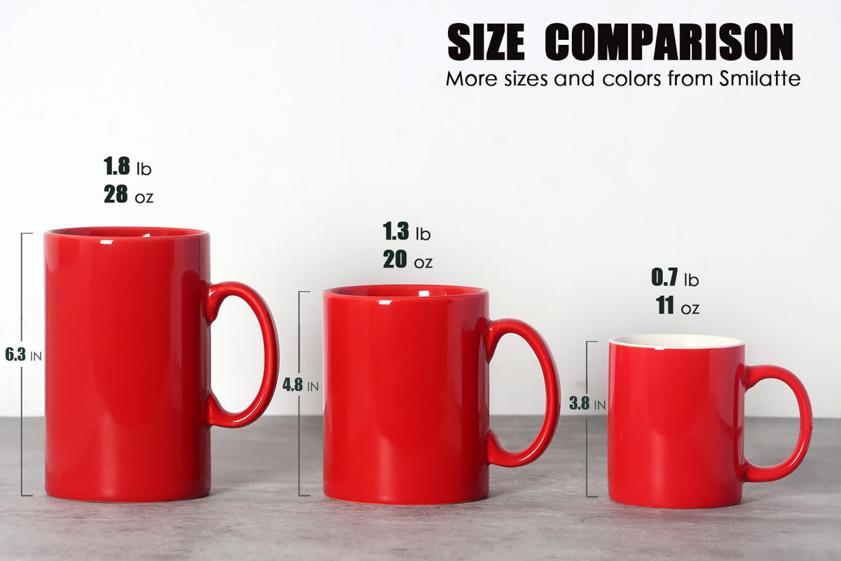 Smilatte red mug on an office desk, ideal for daily caffeine moments.
