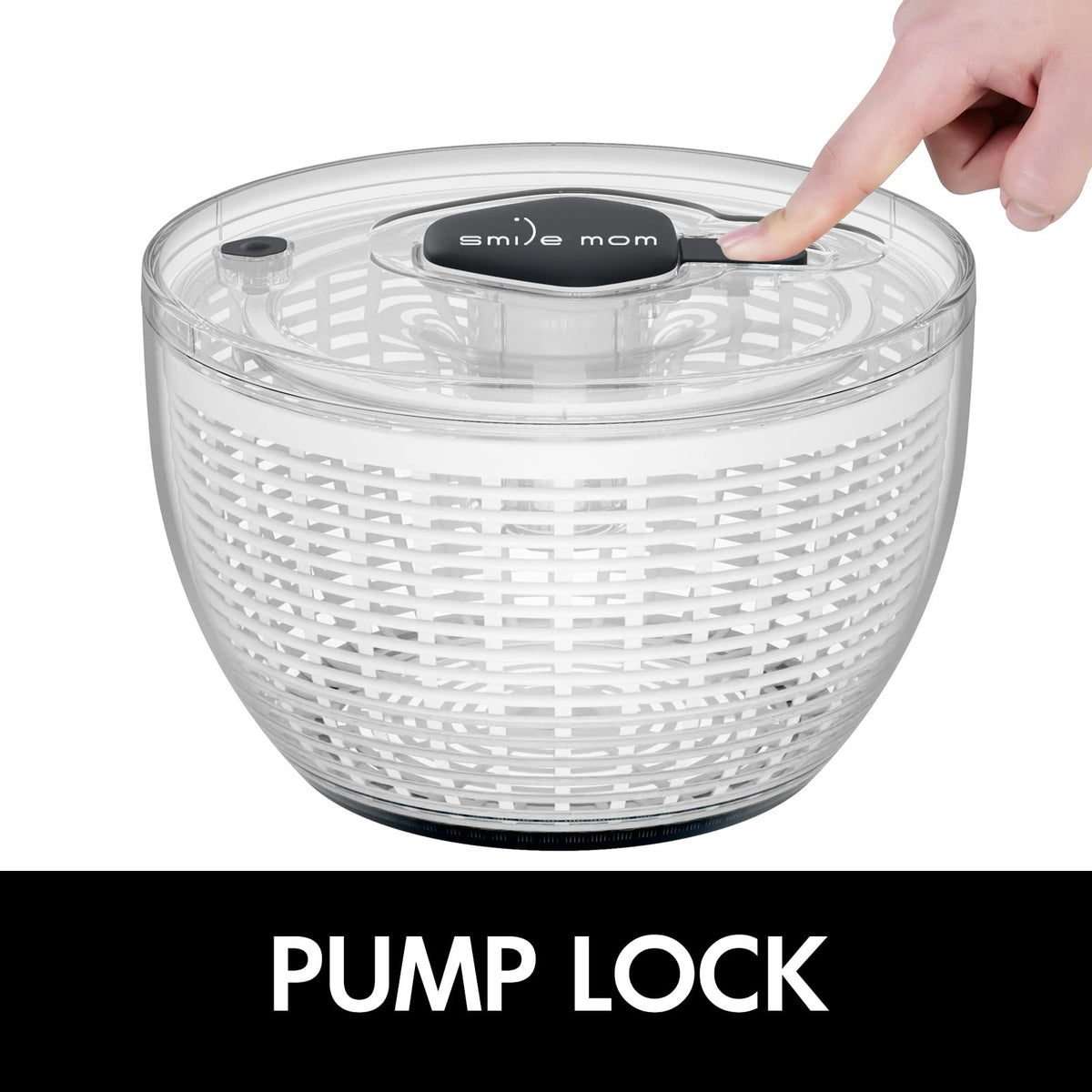 Smile mom salad spinner one-hand-press demonstrates quick, hands-free operation.