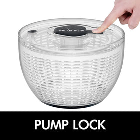 Smile mom salad spinner one-hand-press demonstrates quick, hands-free operation.
