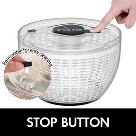 Smile mom salad spinner quick-brake-button offers safe, controlled stopping.