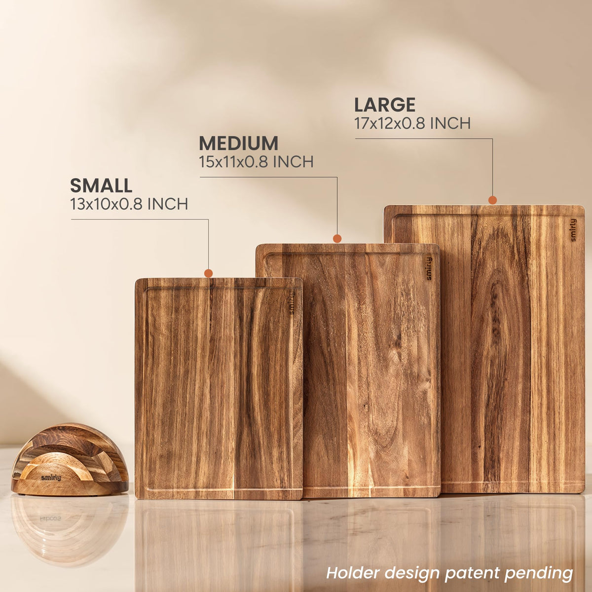 SMIRLY 3-pack with holder—three boards neatly organized on a stylish rack.