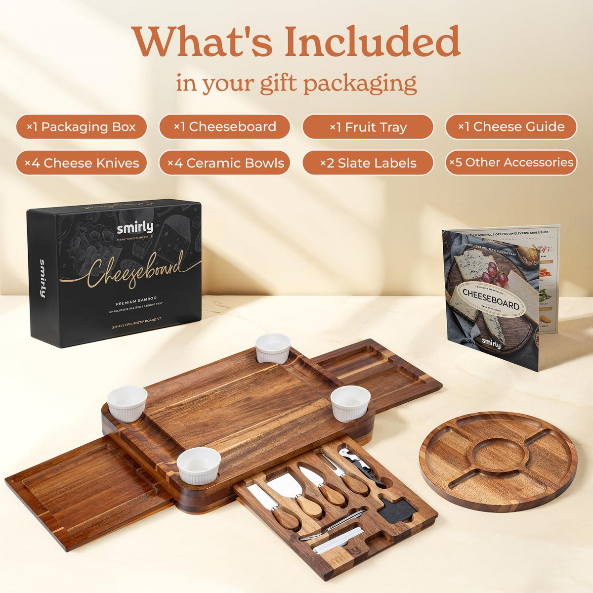 SMIRLY acacia cheese board with knife set for easy serving
