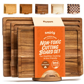 SMIRLY acacia cutting board set with holder for organized meal prep.