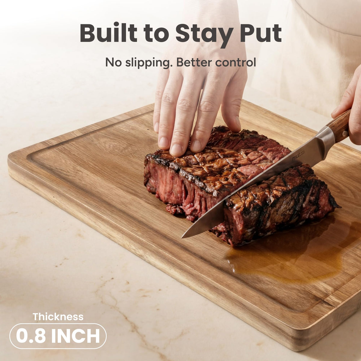 SMIRLY acacia wood cutting board grain close-up highlighting durability for daily prep.