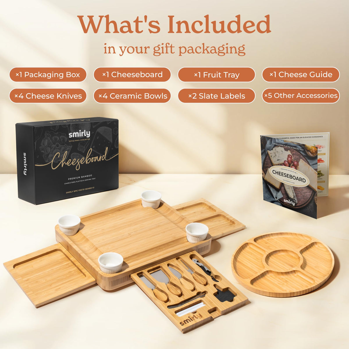SMIRLY bamboo cheese board with knives set, ideal for cheese nights.