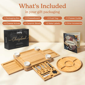 SMIRLY bamboo cheese board with knives set, ideal for cheese nights.