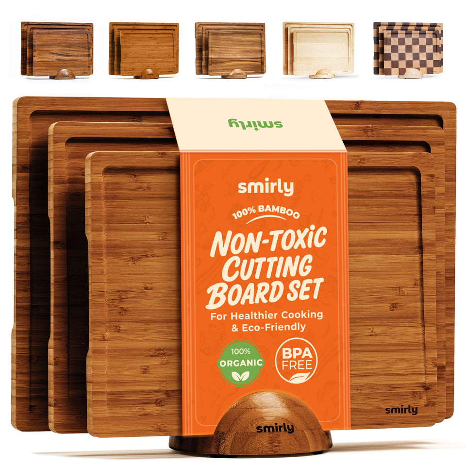 SMIRLY bamboo cutting board set showing assembly with three boards and holder for organized storage