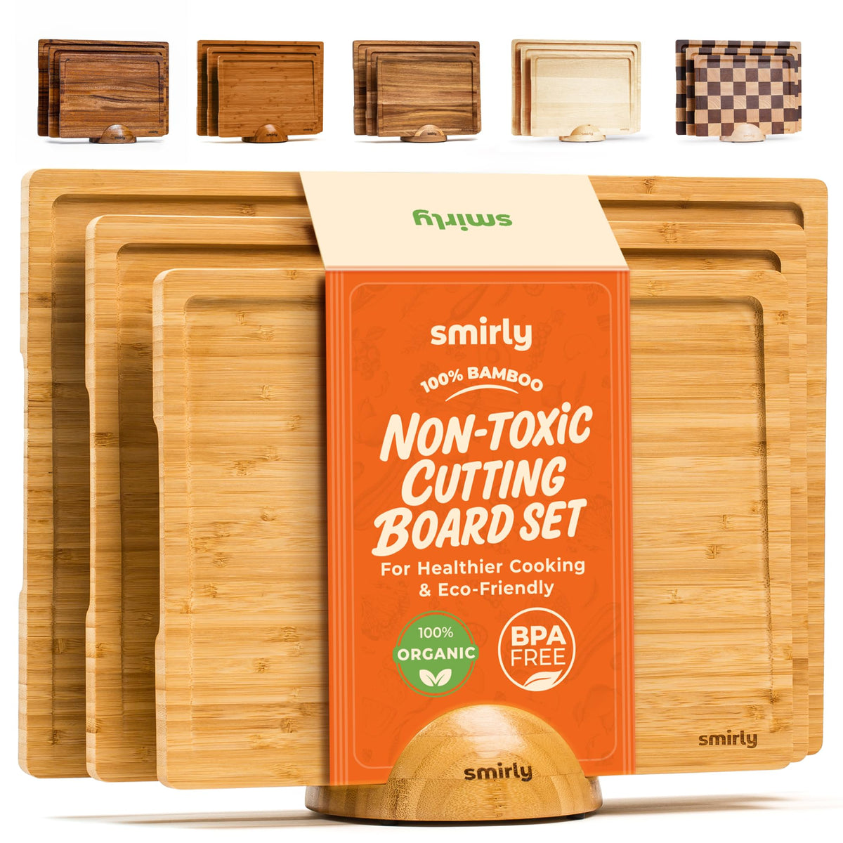 SMIRLY bamboo cutting board set with holder on kitchen counter for organized prep