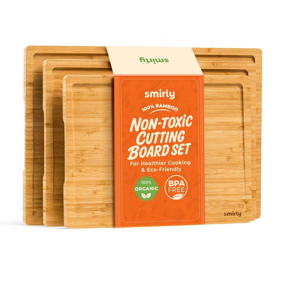 SMIRLY bamboo cutting boards 3pc large front view for precise slicing and prep