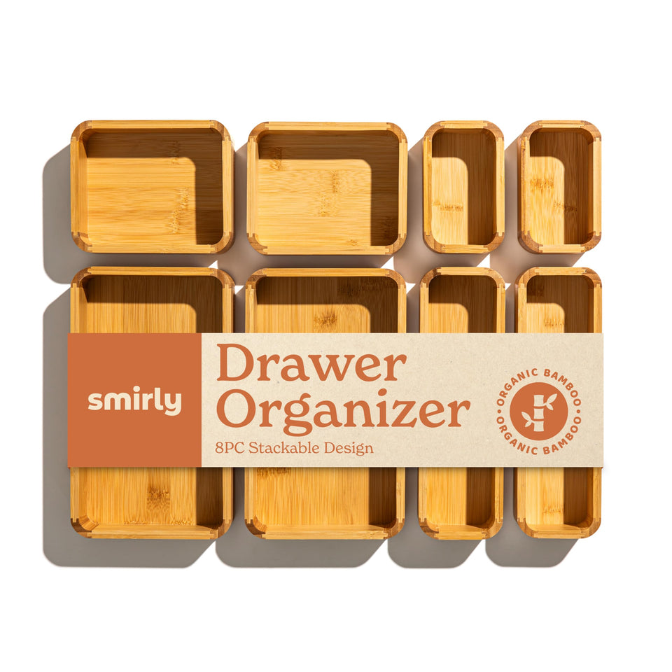 SMIRLY bamboo drawer organizer shows open layout for customizable compartments