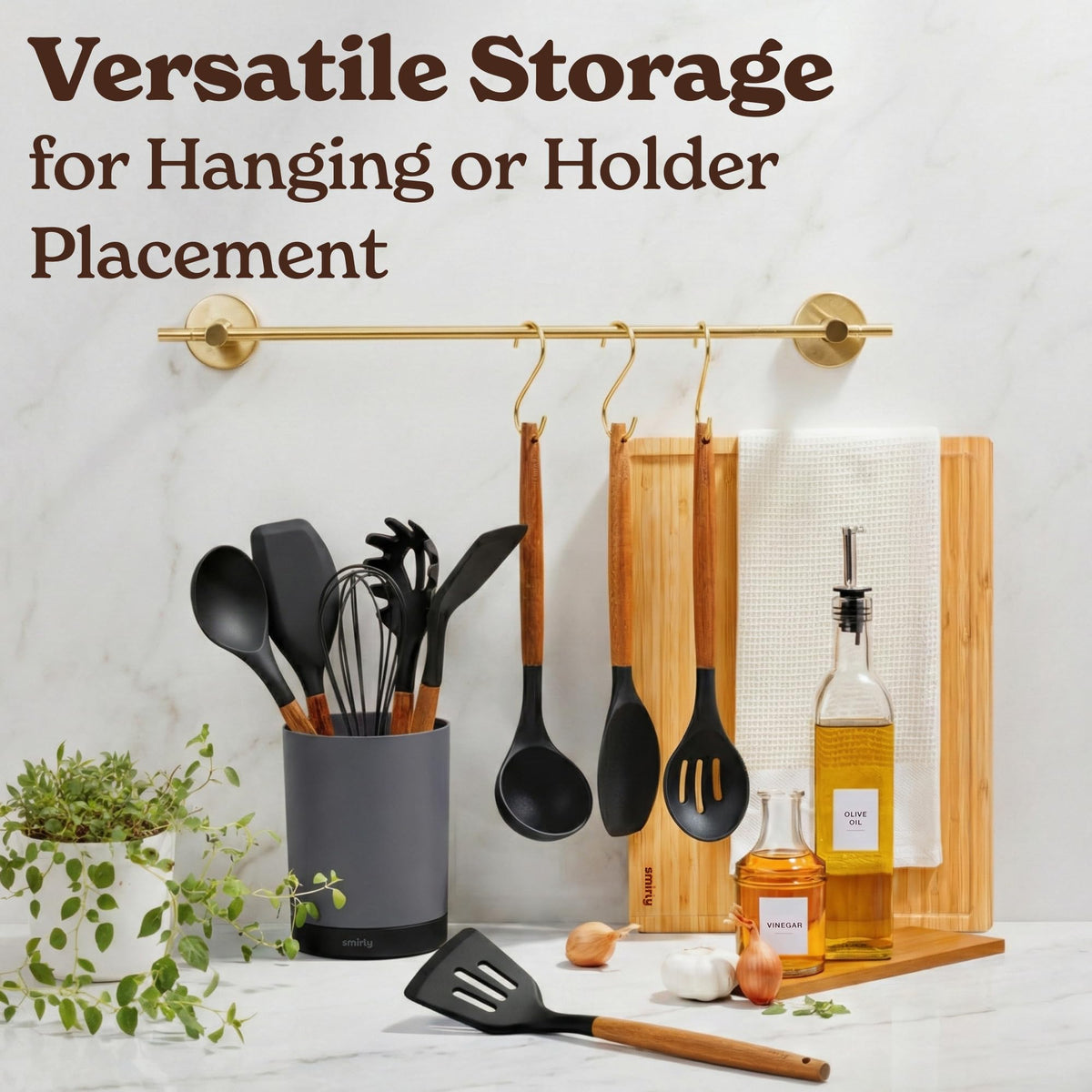 SMIRLY black silicone utensils blend with modern kitchens and nonstick cookware.