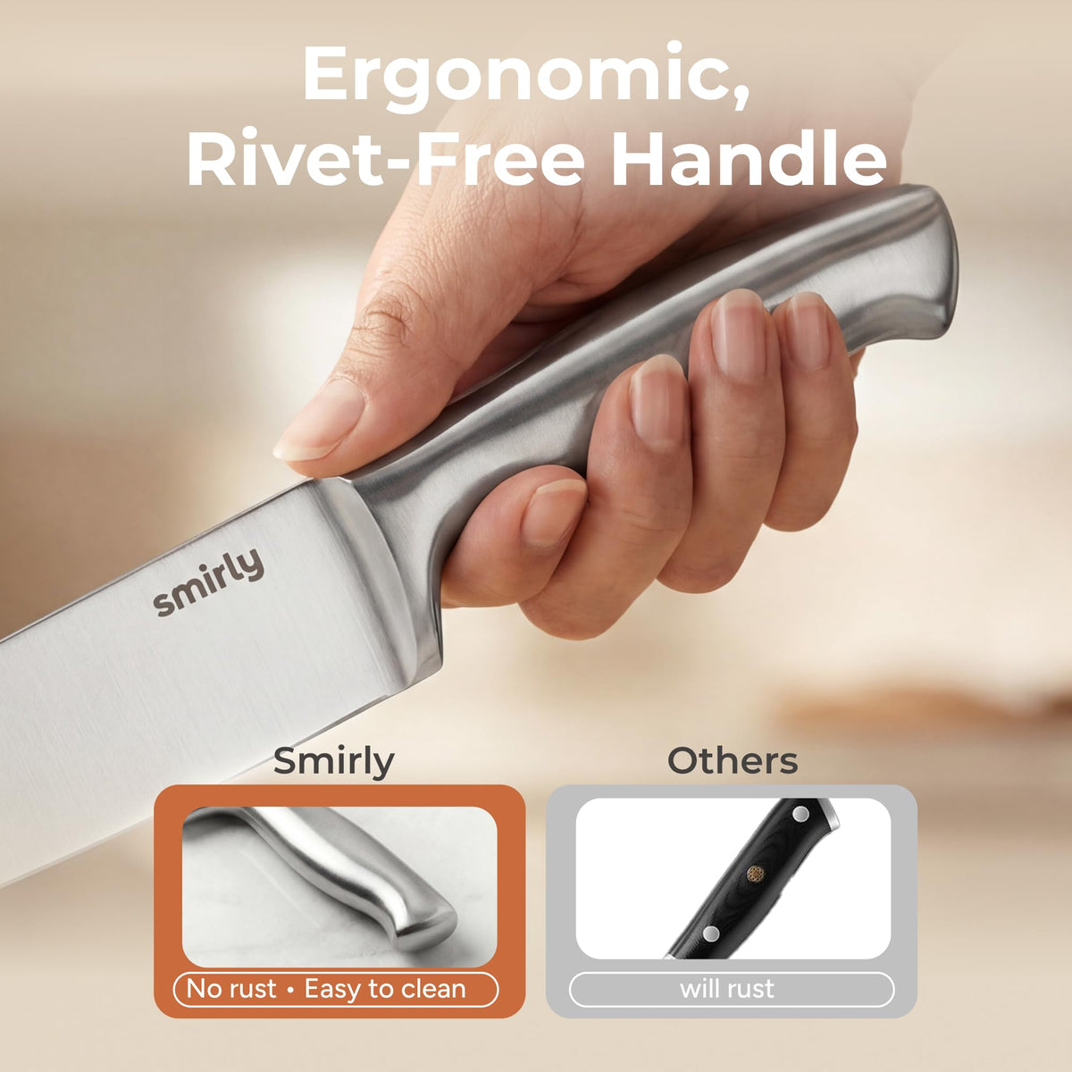 SMIRLY built-in sharpener keeps blades honed for effortless slicing