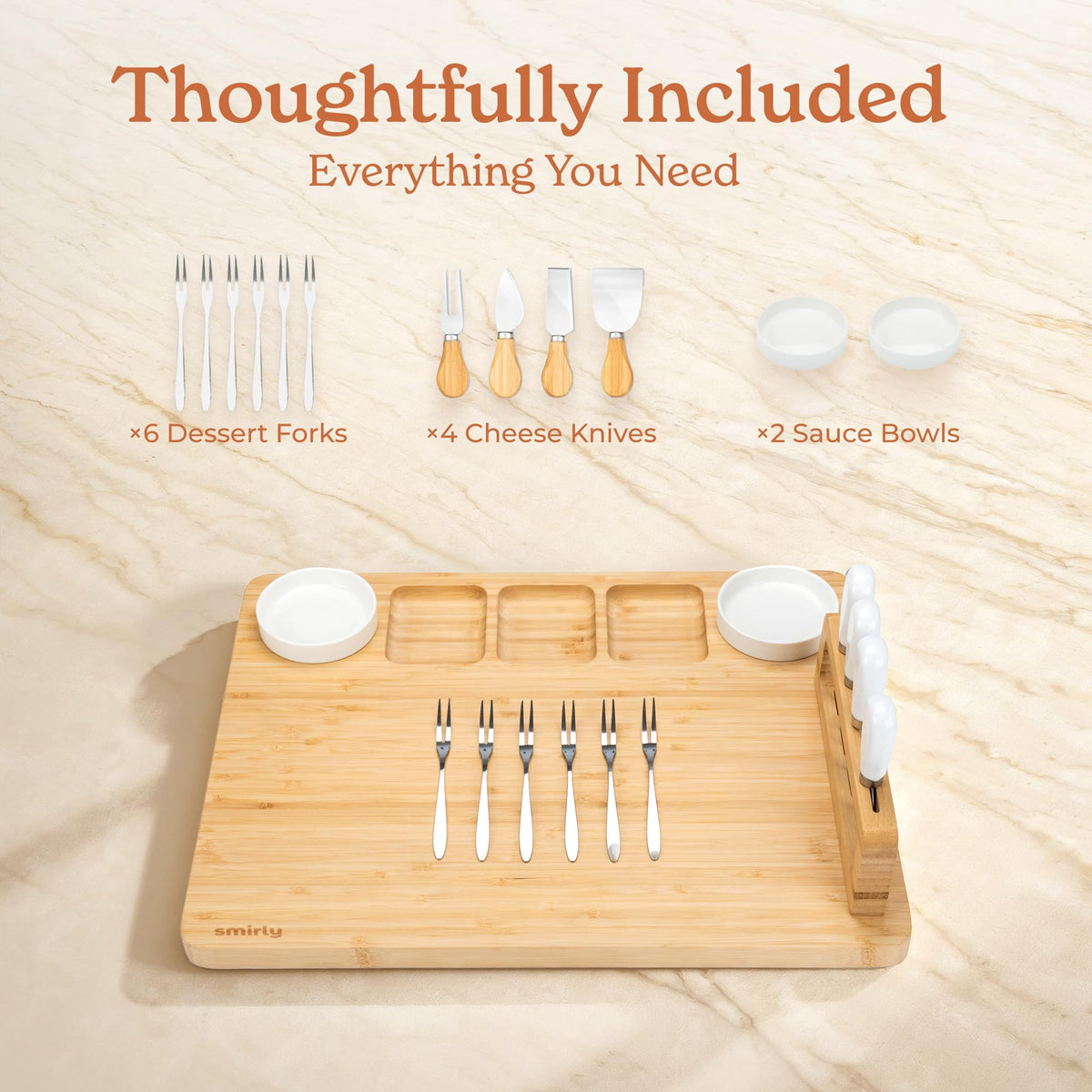 SMIRLY charcuterie board with ceramic bowls for dips and olives