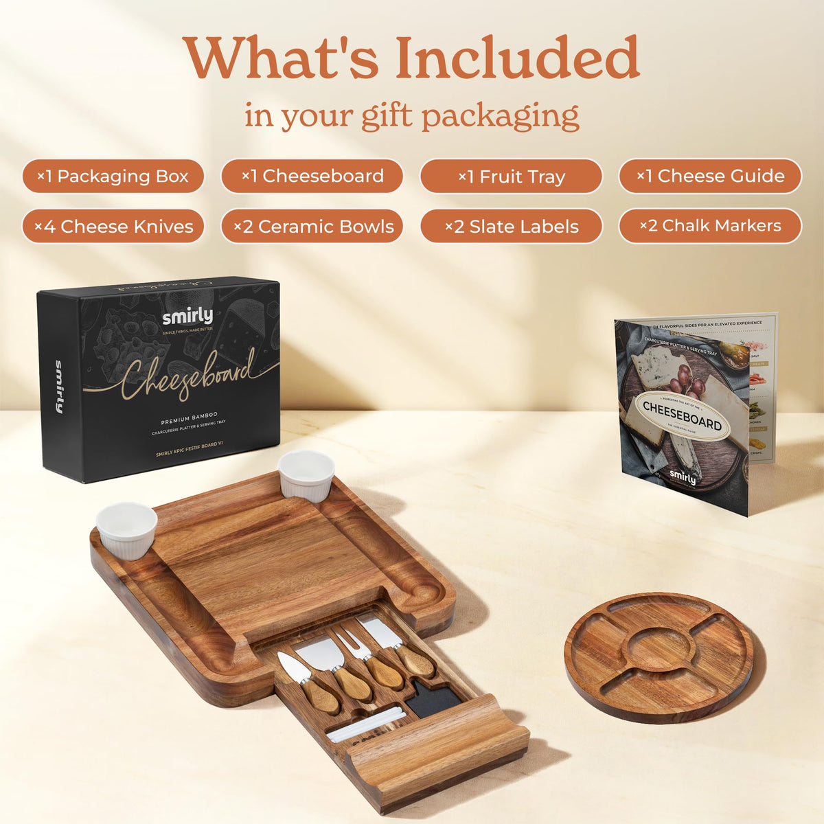 SMIRLY Charcuterie Board grooves visible for bread and cookies, simplifying plating and color-balanced spreads