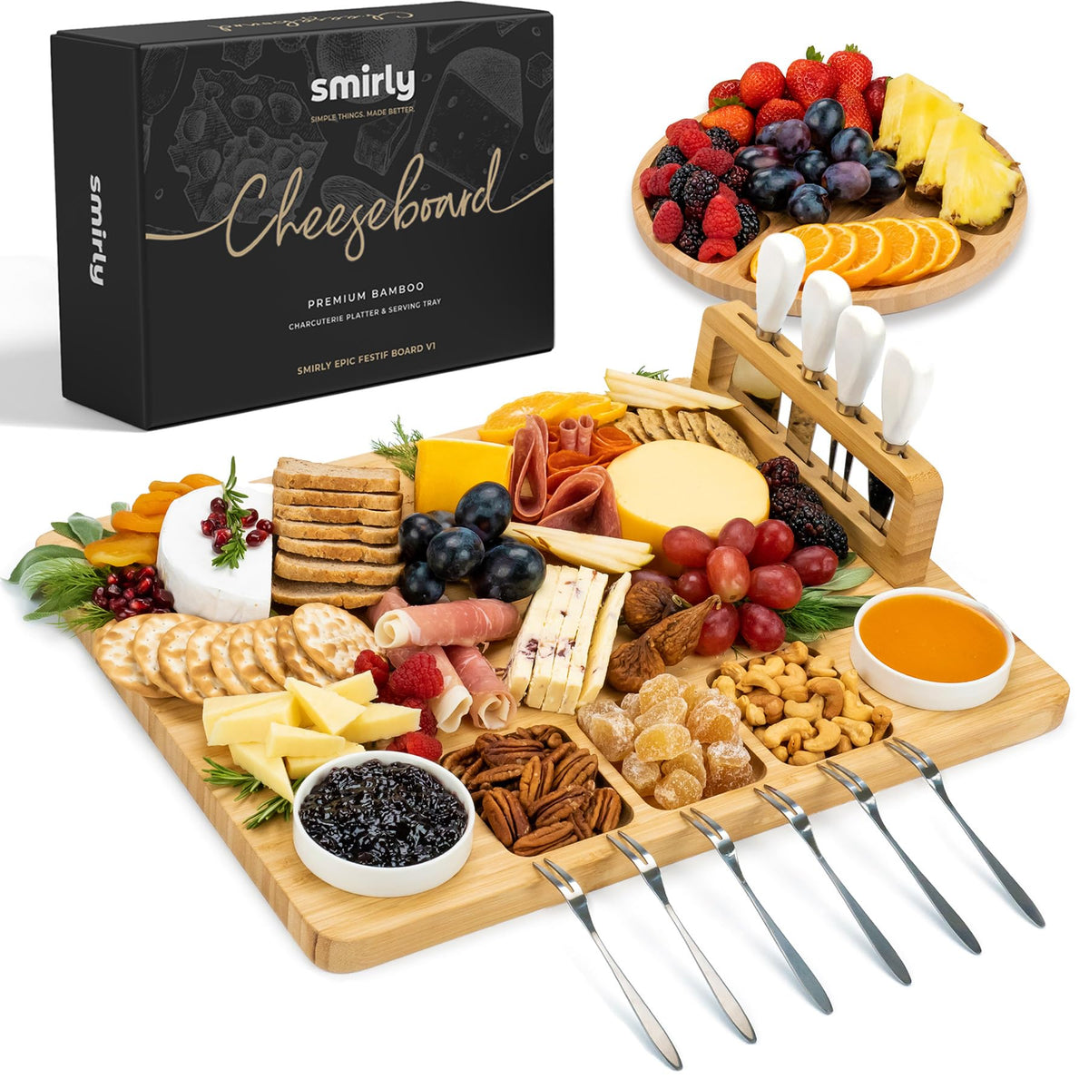SMIRLY large bamboo charcuterie board with accessories for entertaining