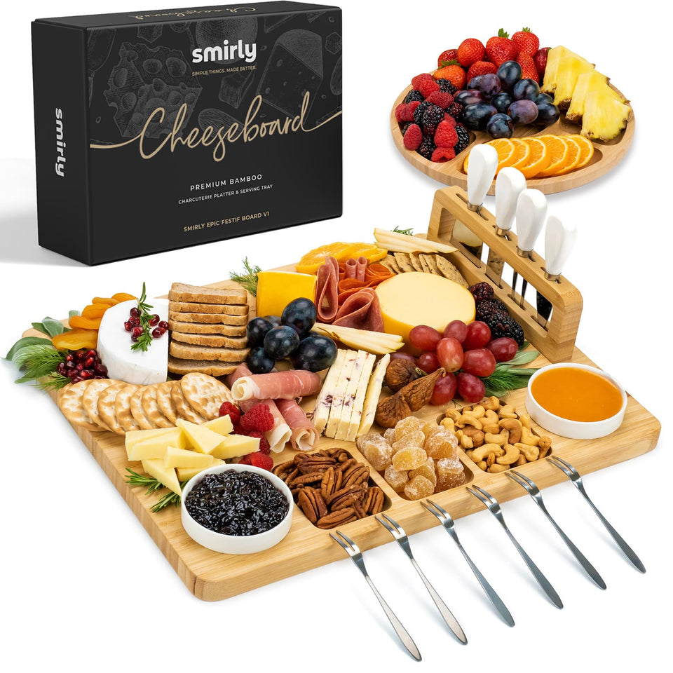 SMIRLY large bamboo charcuterie board with accessories for entertaining