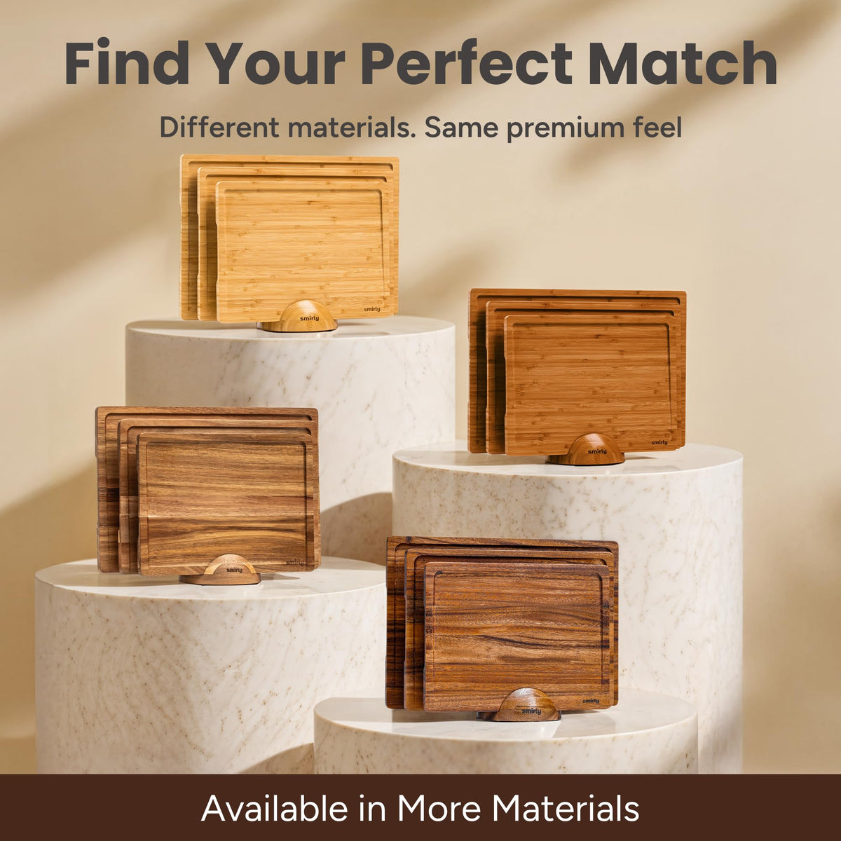 Three-board SMIRLY set ready for everyday prep and serving