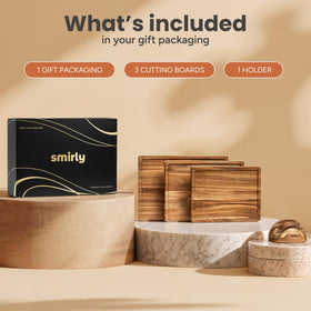 SMIRLY three-board kitchen display on stand—tidy workspace and easy access.