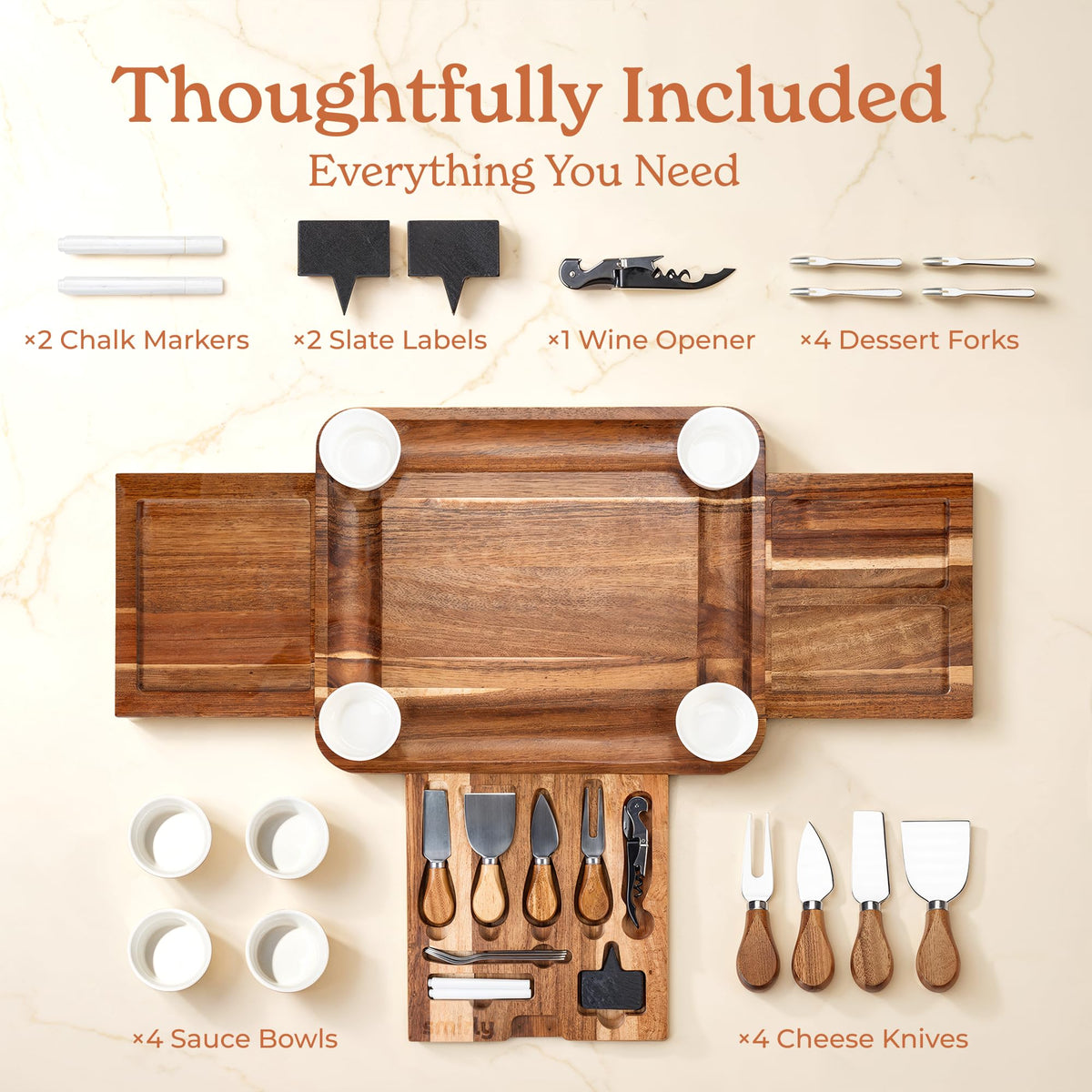 SMIRLY large charcuterie tray with bowls and tools for creative platters