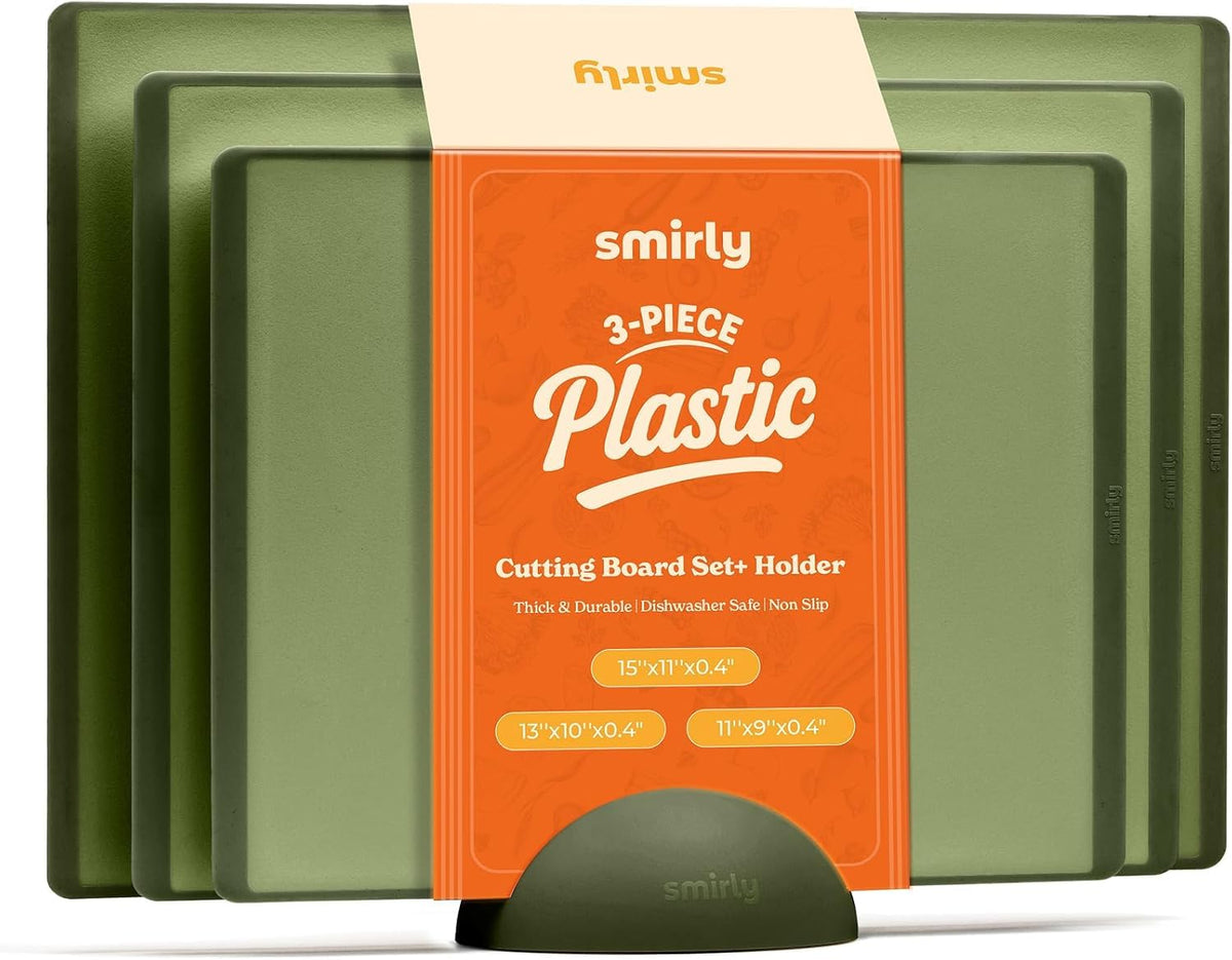 Smirly cutting board set with holder provides vertical kitchen organization.